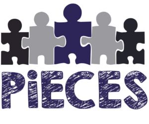 Five puzzle pieces are connected together above the word "PiECES"