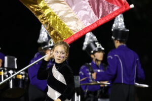 A member of Color Guard twirls a flag during a half-time performance at a football game