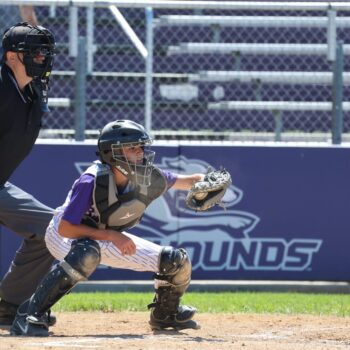 A catcher catches a ball from behind the home plate during a baseball game.