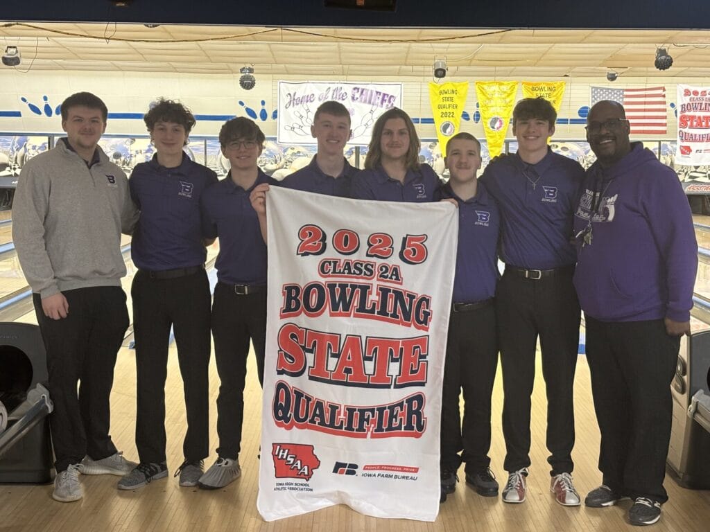 The Burlington High School boys bowling team poses for a photo Feb. 18, 2025, while holding a "2025 Class 2A Bowling State Qualifier" banner following their qualifying meet in Keokuk. The team placed 6th at state.