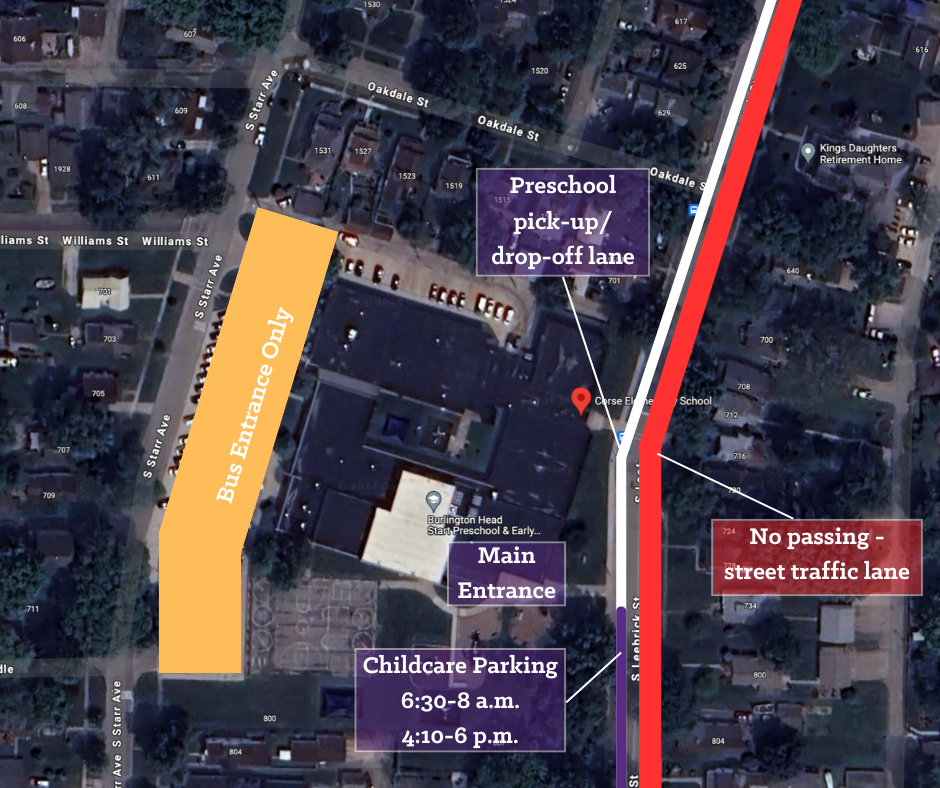 A map shows the bus entrance, main entrance and preschool pick-up and drop-off lanes at Corse Early Childhood Center