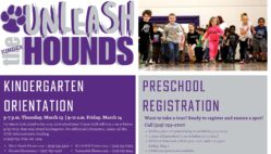 An ad for Kindergarten Orientation and Preschool Registration displays the text 