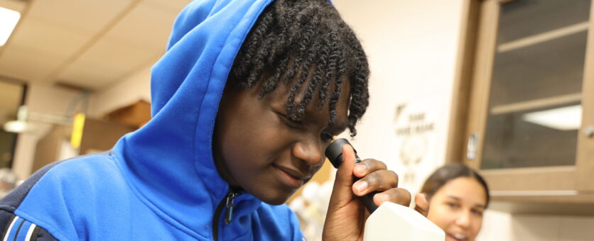 A student looks through a microscope