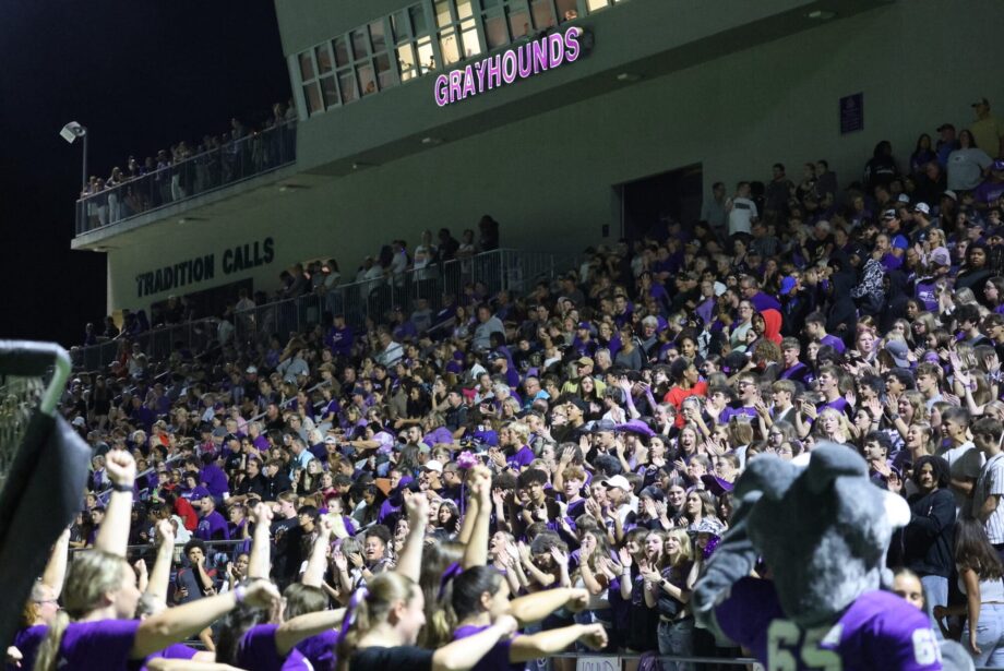 The stands of Bracewell Stadium are packed with purple Sept. 20, 2024, ahead of the varsity game against Mount Pleasant. The Homecoming game drew a larger than usual crowd that included a number of alumni from graduating classes spanning more than seven decades.