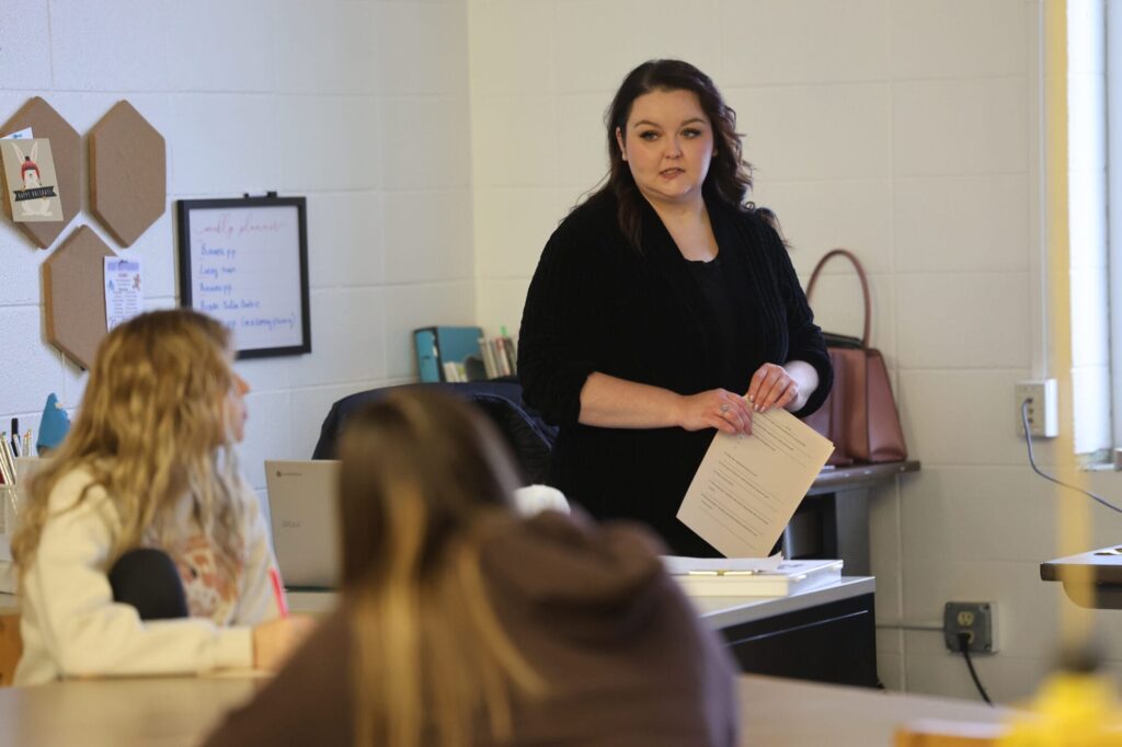 Christa Whittemore delivers a lecture to students in her Introduction to Cosmetology class Dec. 13, 2024, in her classroom at Burlington High School. 