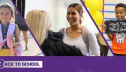 A graphic shows separate pictures of three students: an elementary aged girl smiling and wearing a backpack in the first, then a high school student smiling while entering a classroom, and the third a boy holding up a sign that says 