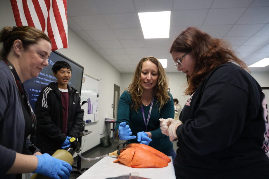 Health occupations teacher Mary Zippe and Deanna Johannsen, an associate professor and clinical coordinator of respiratory care for Southeastern Community College, show students the differences between healthy and diseased lungs April 19, 2024, in the newly renovated health science wing of Burlington High School.