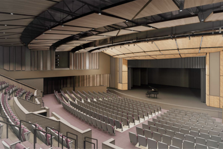 A rendering shows what an expanded auditorium could look like at Aldo Leopold Intermediate School.