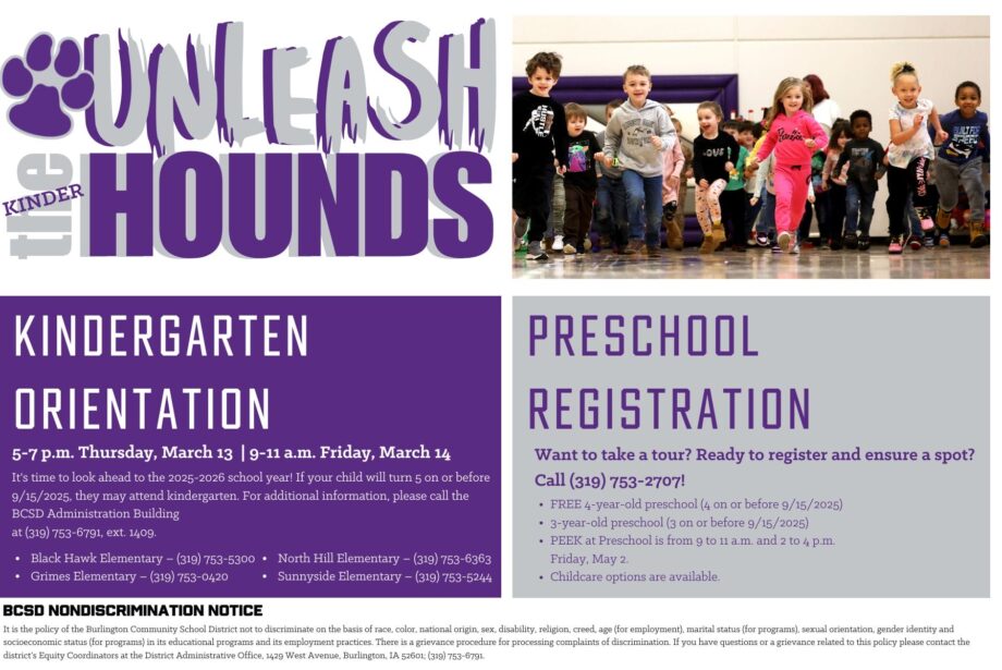 An ad for Kindergarten Orientation and Preschool Registration displays the text 