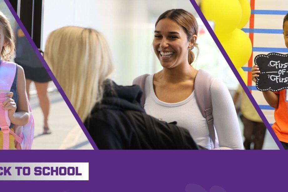 A graphic shows separate pictures of three students: an elementary aged girl smiling and wearing a backpack in the first, then a high school student smiling while entering a classroom, and the third a boy holding up a sign that says 