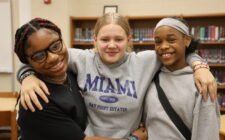 Seventh-graders Maleah Gilbert, Mya Wells and Jaziah Carter pose for a photo Sept. 24, 2024, in the library at Edward Stone Middle School. They learned lifelong lessons while in Girls Group last year, and highly recommend it for current and future fifth- and sixth-graders.