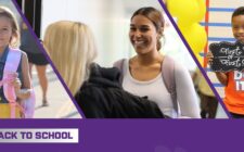 A graphic shows separate pictures of three students: an elementary aged girl smiling and wearing a backpack in the first, then a high school student smiling while entering a classroom, and the third a boy holding up a sign that says 
